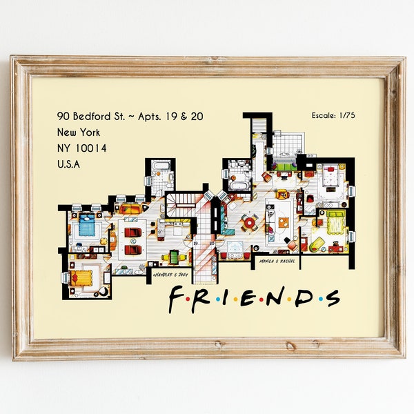 Plan d'étage des amis, art mural unique de haute qualité - impression numérique de la mise en page de l'appartement des amis