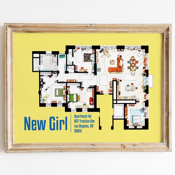 Plan d’étage New Girl pour Wall Art - New Girl Apartment Layout Digital Print - Plan architectural