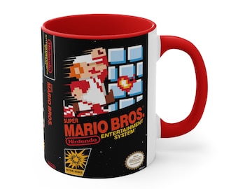 S Mario Bros NES 8 bit game box cover famicom Accent Coffee Mug, 11 oz