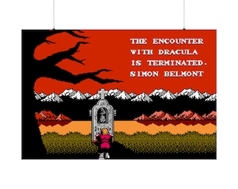 May include: A pixelated video game screen showing a character standing in front of a tombstone with the text "THE ENCOUNTER WITH DRACULA IS TERMINATED. SIMON BELMONT". The background is a red sunset with mountains and a tree.