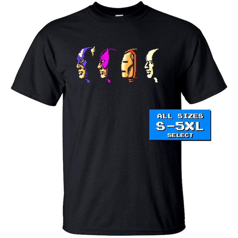 May include: Black t-shirt with a pixelated image of four superhero heads. The heads are of Captain America, a purple character, Iron Man, and a bald character. The text "ALL SIZES S-5XL SELECT" is printed on a blue rectangle.