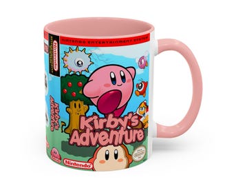 Kirbys Adventure 8 Bit Game Box Cover Accent Coffee Mug, 11oz Pink