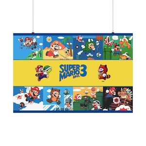 Puede incluir: Un collage colorido de personajes de Super Mario Bros. 3, incluyendo Mario, Luigi, Toad y Bowser. Los personajes se representan en varias poses y escenarios del juego, incluyendo correr, saltar y luchar. El collage está sobre un fondo amarillo con el logotipo del juego en el centro.