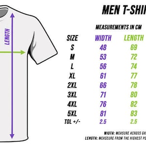 May include: A size chart for t-shirts with measurements in inches and centimeters. The chart shows the width and length of the shirts in different sizes, from S to 5XL. The chart also includes a tolerance of +/- 2.5 cm or 1 inch.
