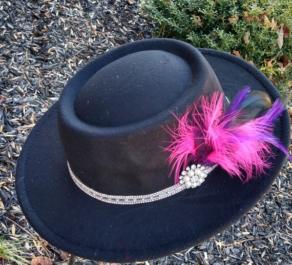 Unique Black Wide Brim Fedora Hat. Adorned With Rhinestone  display picture 1