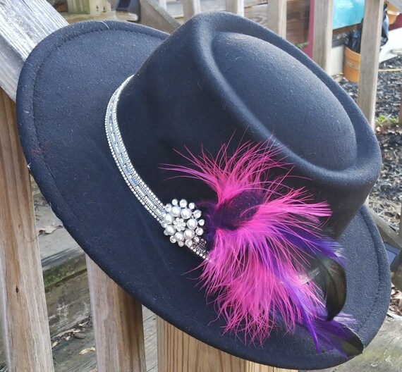 Unique Black Wide Brim Fedora Hat. Adorned With Rhinestone  display picture 2