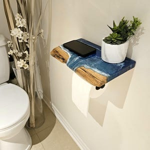Wc-papierplank oceaanhars met telefoonhouder: badkamerdecor van walnoothout