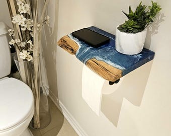Ocean Resin Toilet Paper Shelf with Phone Holder: Butternut Wood Bathroom Decor