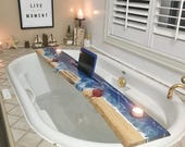 Two-Person Live Edge Wood Bath Caddy with Beach Resin Art