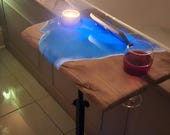 Glow in the Dark Bathtub Tray Stand Table with Ocean Resin, Live edge wood Bath Caddy, Adjustable Height, Free standing Tray, Ocean Epoxy