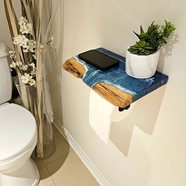 Support d'étagère en résine océan pour papier toilette / étagère flottante / support pour téléphone en rouleau de papier toilette / décoration de salle de bain / oeuvre d'art en résine océan