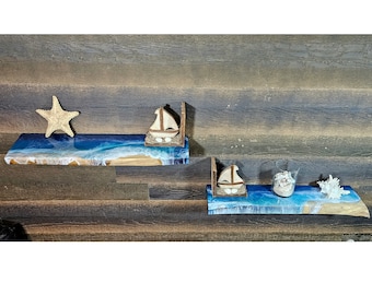 Double Live Edge Wooden shelf / Beach Ocean Resin Shelf / Housewarming gift / Rustic Natural Wood