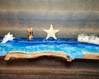 Floating Live Edge Wooden Shelf with Beach Ocean Resin Waves / Wood and Epoxy Shelf / Home Decor / Contemporary Wood Art / Homemade