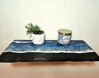 Sugi Ban Wooden floating Shelf with Beach Ocean Resin Waves /Burned Wood and Epoxy Shelf / Bathroom Decor / Contemporary Wood Art / Homemade