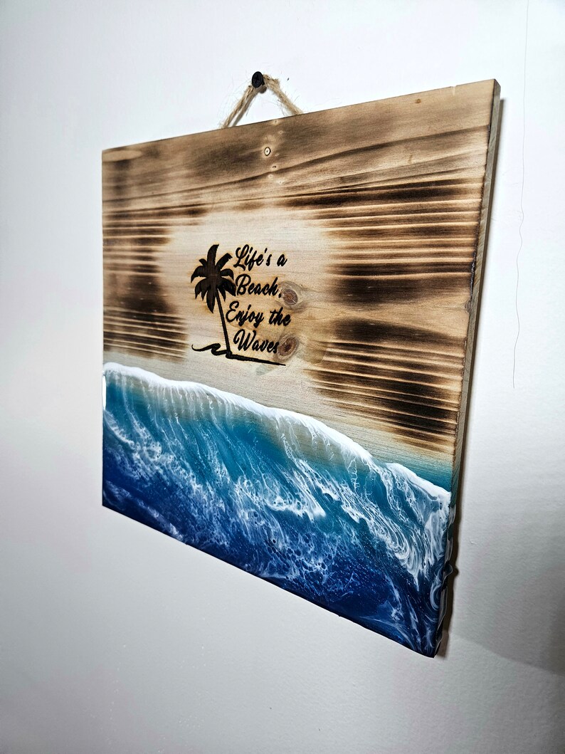 Wood Sign Ocean Resin / Bathroom Decor / Home Decor / Beach house or Cottage / Life's a Beach / Laser Custom Print Design image 3