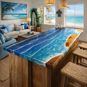 Könnte beinhalten: Eine maßgefertigte Bar mit einer blau-weißen Epoxidharzoberfläche, die Meereswellen nachahmt, auf einem Holzsockel. Die Bar befindet sich in einem Raum im Küstenstil mit einem Gemälde einer Strandszene und Meerblick.