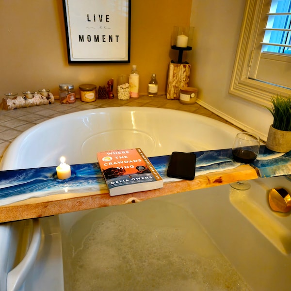 Bath Caddy, Bathtub Tray, Beach Resin, Ocean, Wood Bath Board, Gift for mum, Bathroom Decor, Live Edge resin, Bathroom art