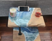 Bathtub Tray Stand Table with Ocean Resin, Live edge wood Bath Caddy, Adjustable Height, Free standing Bath Tray, Ocean Epoxy, waterfall