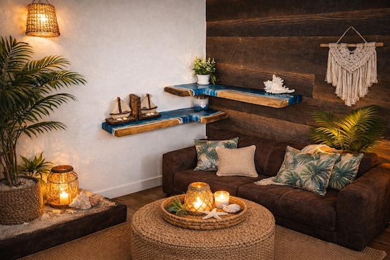 Live edge wood corner shelf with a swirling ocean-blue resin wave inlay — beach house art and functional storage rolled into one stunning L-shaped piece.