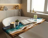 Live Edge Wood Bath Caddy: Beach Resin Bathtub Tray with Wine Slot