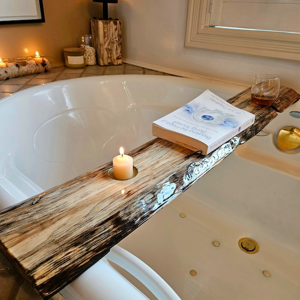 Live Edge Epoxy Resin Bath Caddy / Tub Tray / Rustic Bath Board / Bathroom Decor / Bath Lovers