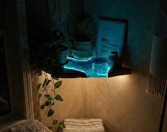 Glow in the Dark Live Edge Corner Shelf: Beach Resin Waves & Wood