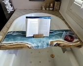 Live Edge Wood Bath Caddy with Beach Resin Art - Book & Wine Holder
