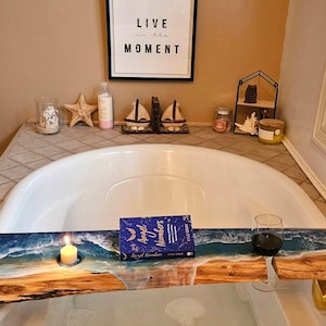 This is a beautiful one of a kind Bath caddy, Bath Board, bath tub tray which will elevate your Bathroom Decor, your bath experience and give you a relaxing, beach vibe right into your bathroom.
