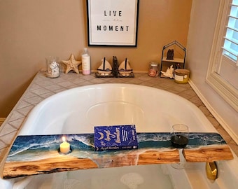 Bath Caddy, Bathtub Tray, Beach Resin, Ocean, Wood Bath Board, Gift for mum, Bathroom Decor, Live Edge resin, Bathroom art