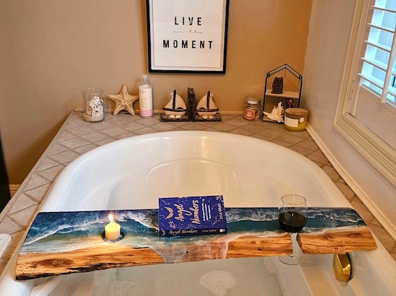 Bath Caddy, Bathtub Tray, Beach Resin, Ocean, Wood Bath Board, Gift for  Mum, Bathroom Decor, Live Edge Resin, Bathroom Art 