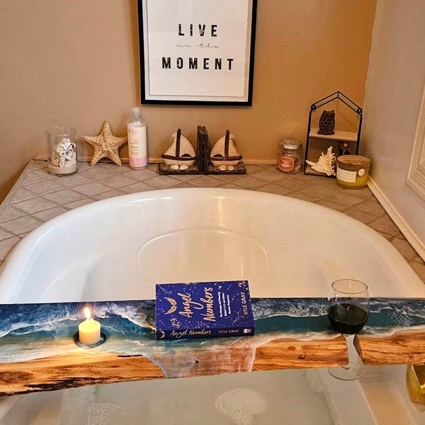 Bath Caddy, Bathtub Tray, Beach Resin, Ocean, Wood Bath Board, Gift for mum, Bathroom Decor, Live Edge resin, Bathroom art