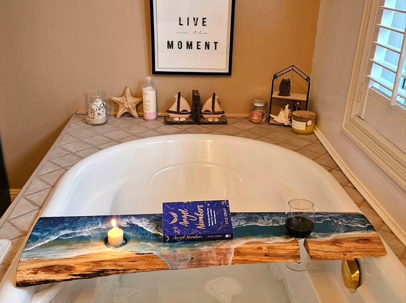 This is a beautiful one of a kind Bath caddy, Bath Board, bath tub tray which will elevate your Bathroom Decor, your bath experience and give you a relaxing, beach vibe right into your bathroom.