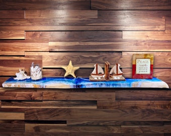 Live Edge Wooden Shelf with Beach Ocean Resin Waves / Wood and Epoxy Shelf / Bathroom Decor / Contemporary Wood Art / Homemade