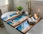 Live Edge Wood Bath Caddy Tray: Beach Resin Ocean Decor