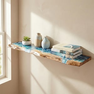 May include: A wooden shelf with a live edge and a blue resin wave design. It features a small potted succulent, two ceramic vases, and three books. The books have ocean-themed covers. The shelf is mounted on a beige wall.