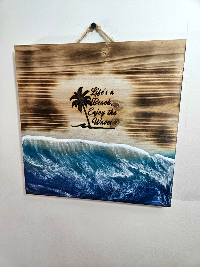 Wood Sign Ocean Resin / Bathroom Decor / Home Decor / Beach house or Cottage / Life's a Beach / Laser Custom Print Design image 2