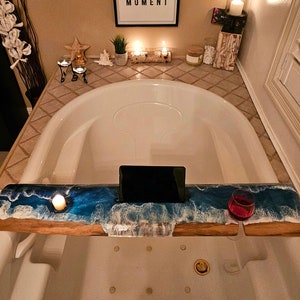 Bath Caddy, Bathtub Tray, Beach Resin, Ocean, Wood Bath Board, Gift for mum, Bathroom Decor, Live Edge resin, Bathroom art