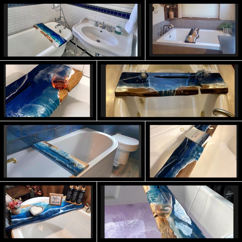 Live Edge Wood Bath Caddy: Beach Resin Bathtub Tray With Wine Slot - Etsy