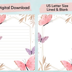 Papel de escritura imprimible de mariposa, papel de escritura de cartas de mariposa, botánico, primavera, naturaleza, diario, papelería, amigo por correspondencia, correo postal