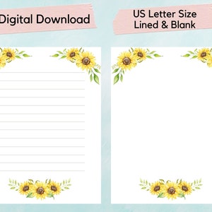 SunflowerPrintable Letter Paper, Sunflower writing paper, Sunflower journal page, writing sheet, printable stationery paper, penpal paper