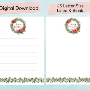 PRINTABLE Christmas Wreath Letter Paper, holiday writing paper, journal page, notepads, writing sheet, printable stationery paper, penpal