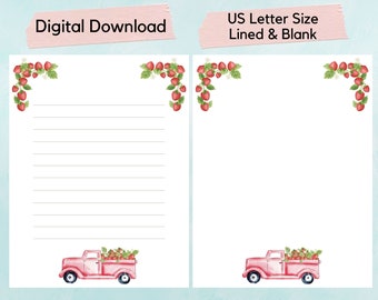 Printable Strawberry Writing Paper, strawberry letter paper, fruit, berry, watercolor paper, scrapbook paper, journal pages, stationery