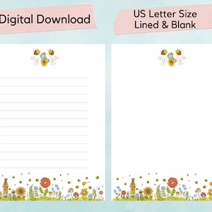 Cute Bee Printable Letter Paper, bee writing paper, floral letter paper, journal page, writing sheet, printable stationery, instant download