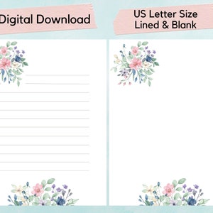 Papel de escrita floral em aquarela para impressão, flor selvagem, papel de carta floral, primavera, jardim, álbum de recortes, diário, caderno, papelaria