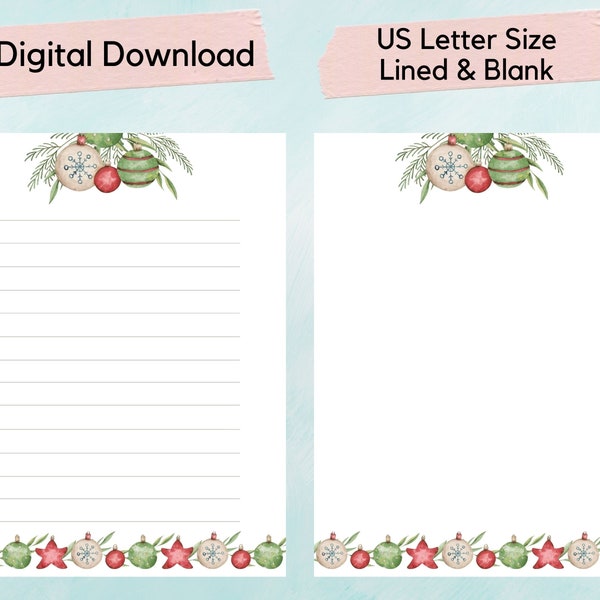Christmas Letter Paper Printable, holiday writing paper, journal page, writing sheet, note pad, printable stationery paper, penpal paper