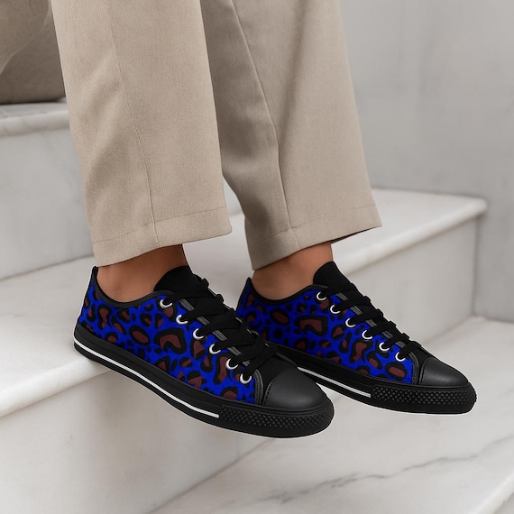 Women's Blue Leopard Print Sneakers |  Nylon Canvas, Black Rubber Toe