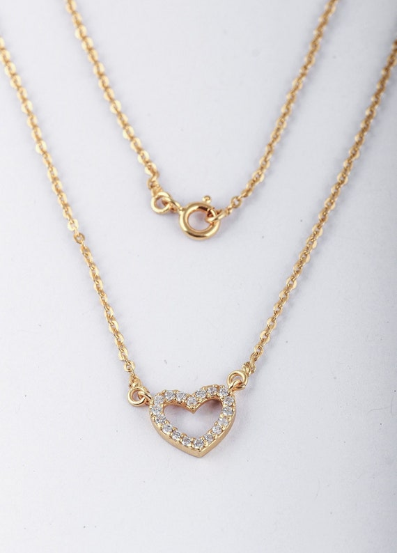 Gold CZ Heart Necklace Heart Charm Necklace 14k Gold Vermeil - Etsy