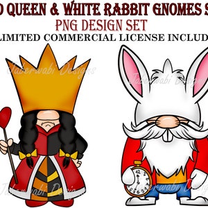 Czerwona Królowa i Biały Królik Gnomy PNG Design Set |Alicja w Krainie Czarów | Nieograniczona licencja komercyjna | Materiały do druku sublimacyjnego lub POD | Clipart