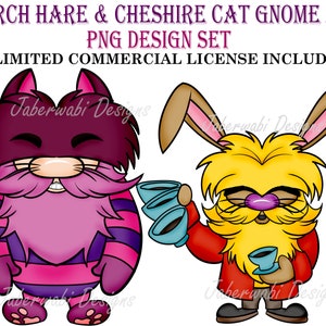 Zestaw projektów PNG Cheshire Cat & March Hare Gnomes |Alicja w Krainie Czarów | Nieograniczona licencja komercyjna | Materiały do druku sublimacyjnego lub POD |Clipart