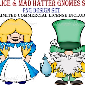 Alice & Mad Hatter Gnomes PNG Design Set / Alicia en el País de las Maravillas / Clipart / Licencia Comercial Ilimitada / Sublimación Imprimibles o POD / Lindo